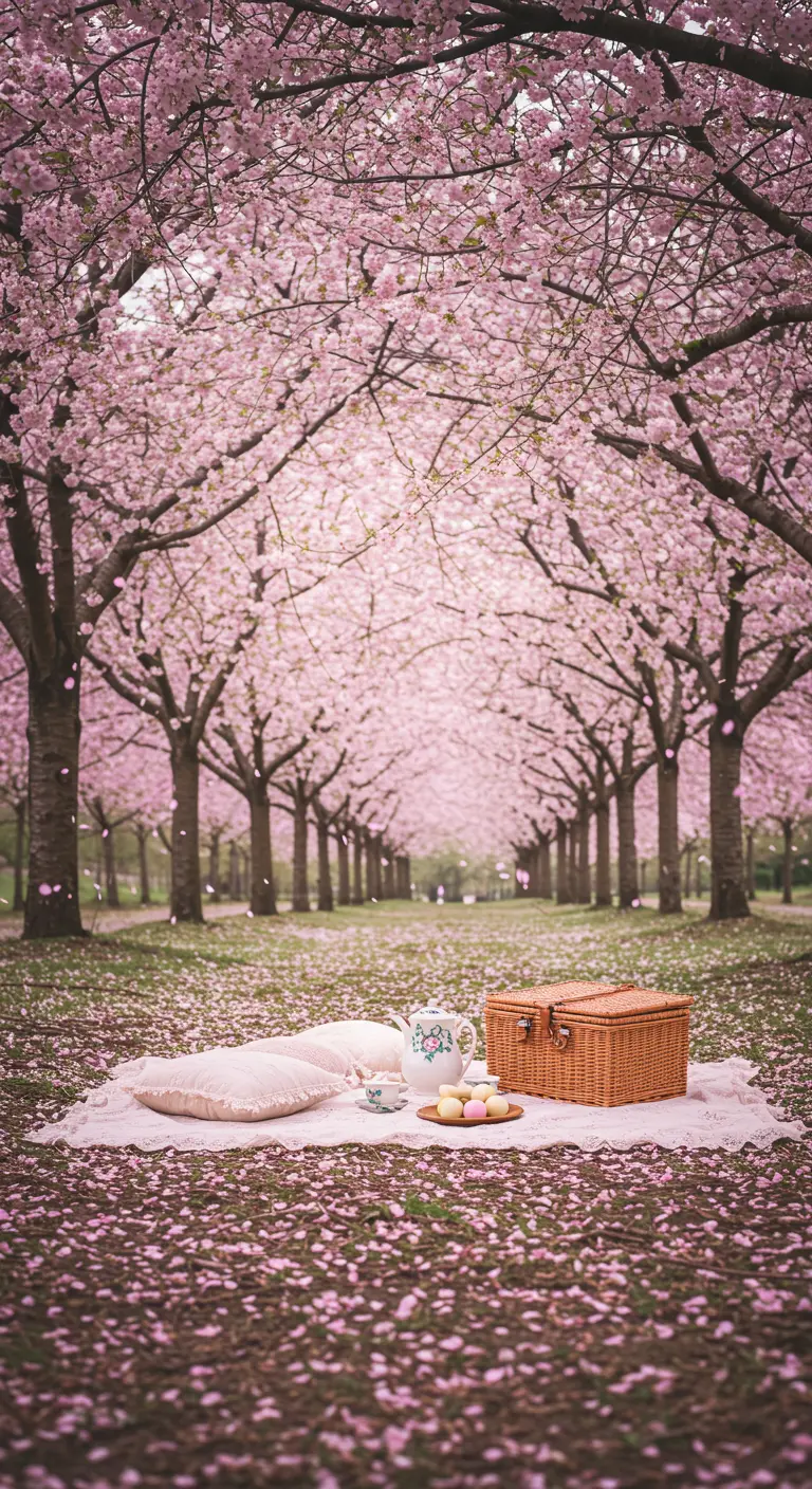 Picnic romántico bajo un túnel de cerezos en flor con una manta rosa.