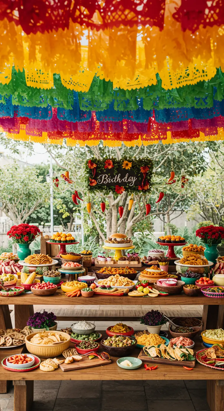 Mesa de buffet abundante bajo un techo completamente cubierto de papel picado multicolor.