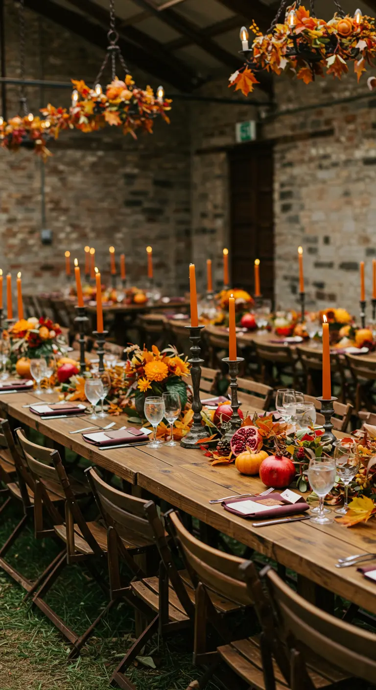 Mesa de boda otoñal con candelabros oscuros, velas naranjas y decoración con frutas.