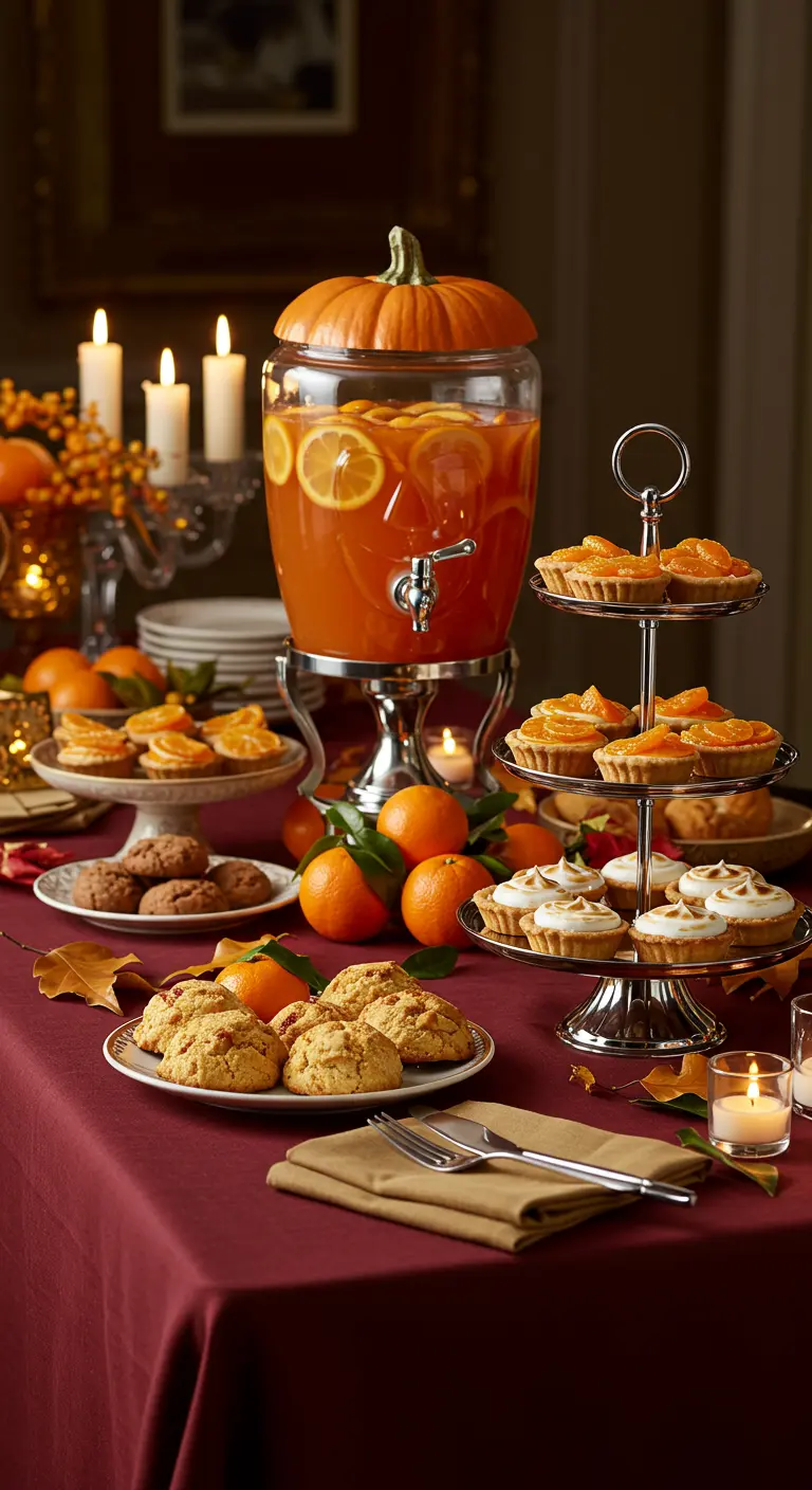 Elegante mesa de postres de otoño con dispensador de calabaza y mantel burdeos.
