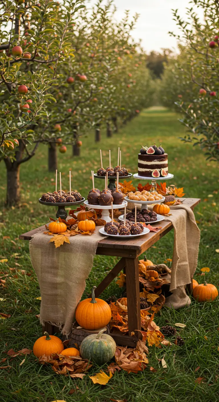 Mesa de postres otoñal en un huerto de manzanas, con calabazas y hojas secas.