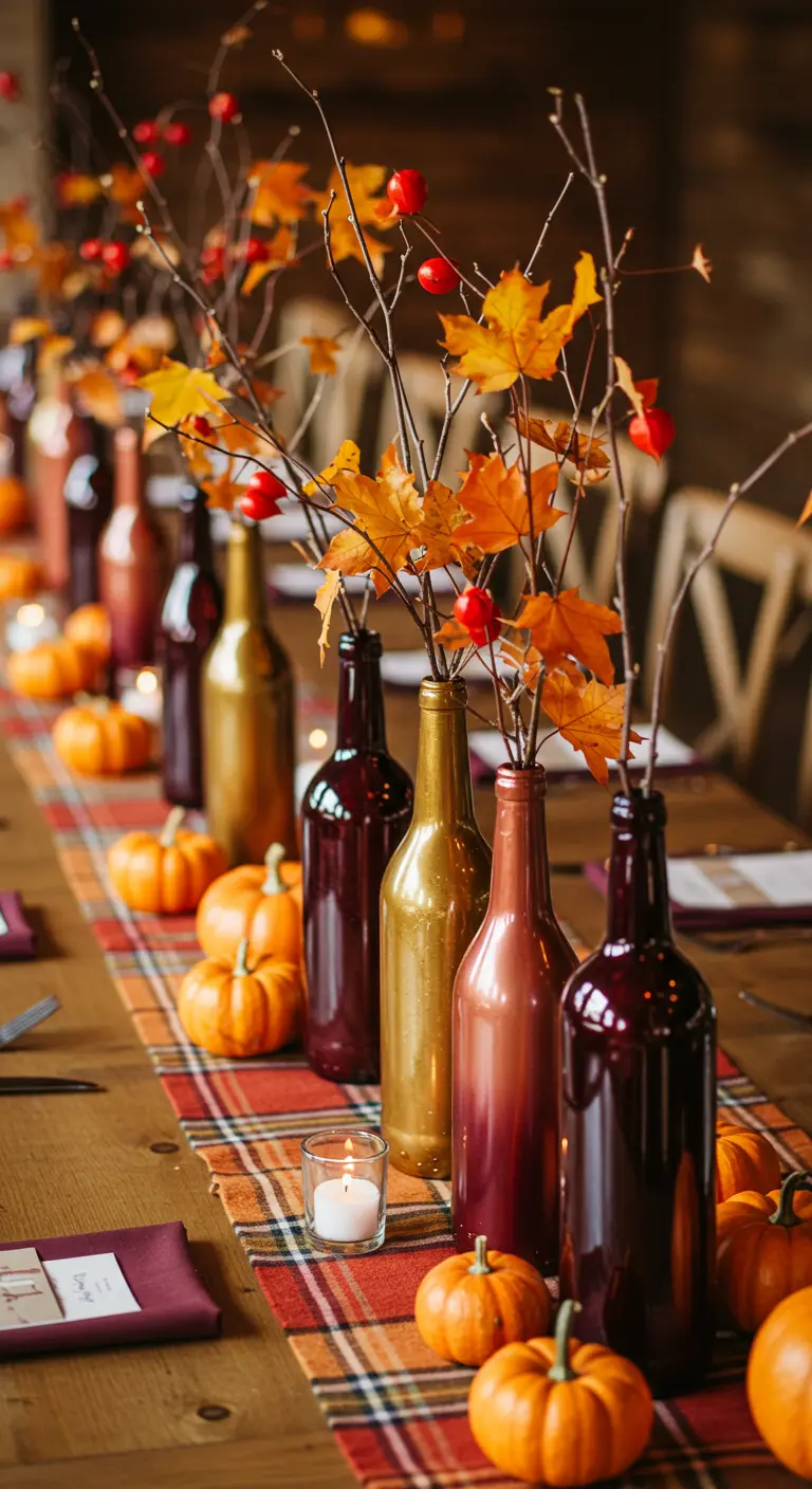 Centro de mesa otoñal con botellas pintadas de borgoña y dorado, rodeadas de calabazas.