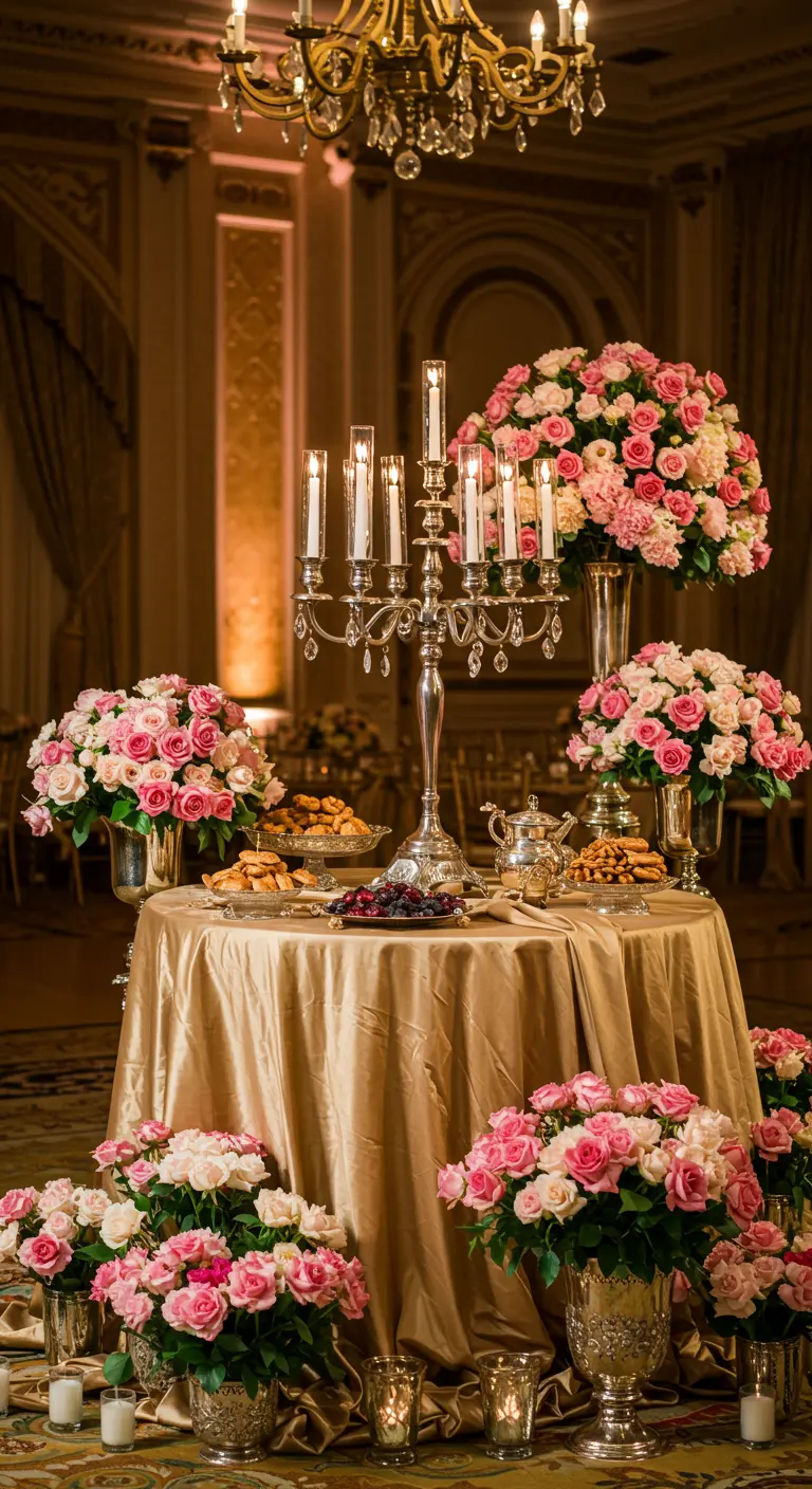 Mesa de postres de boda con mantel dorado, un gran candelabro y arreglos de rosas rosadas.