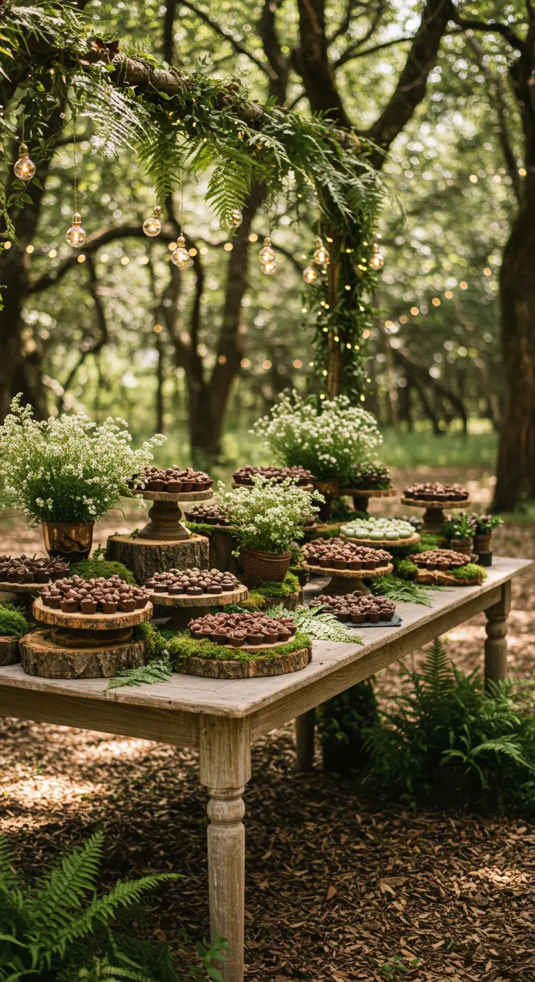 Mesa de dulces en un bosque con soportes de troncos, musgo y luces cálidas.