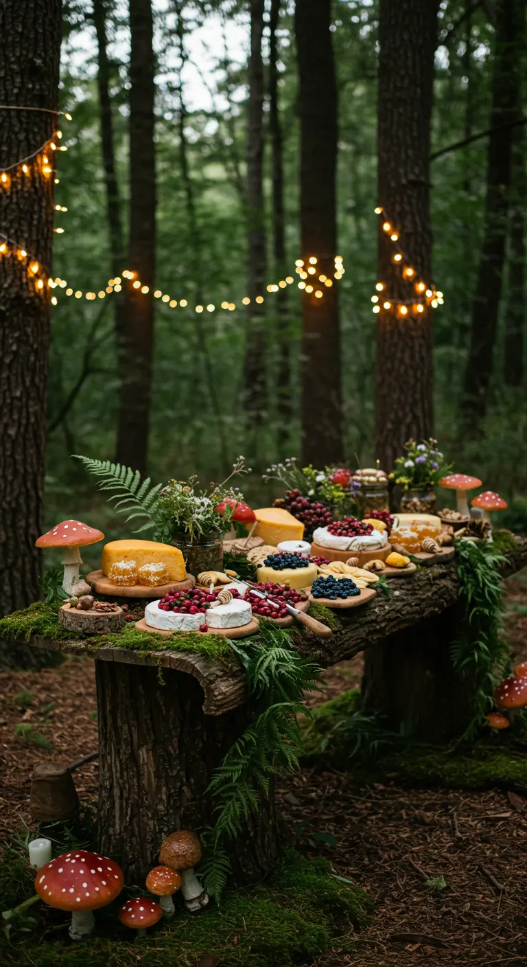 Mesa de quesos rústica en un bosque, decorada con musgo y setas.