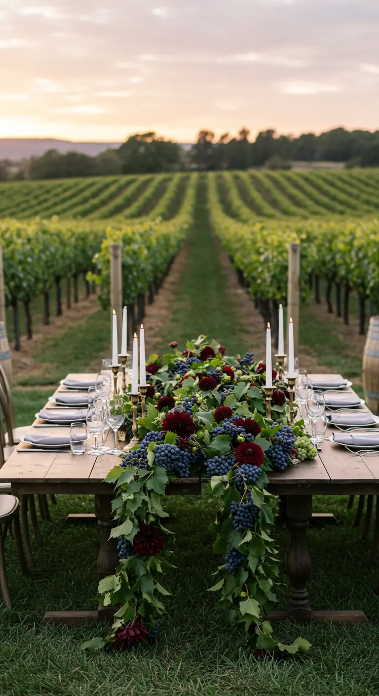 Mesa de banquete en un viñedo, decorada con uvas, flores oscuras y candelabros altos.