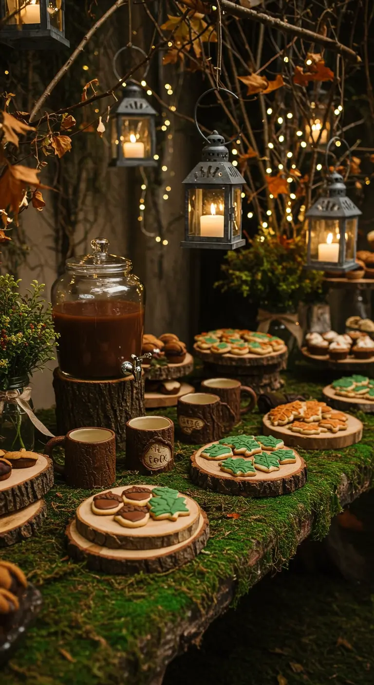 Mesa de postres rústica cubierta de musgo, con galletas sobre rodajas de madera y farolillos colgantes.