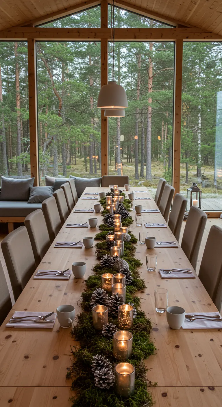 Larga mesa de comedor de madera en una casa con vistas al bosque, decorada con musgo y velas.