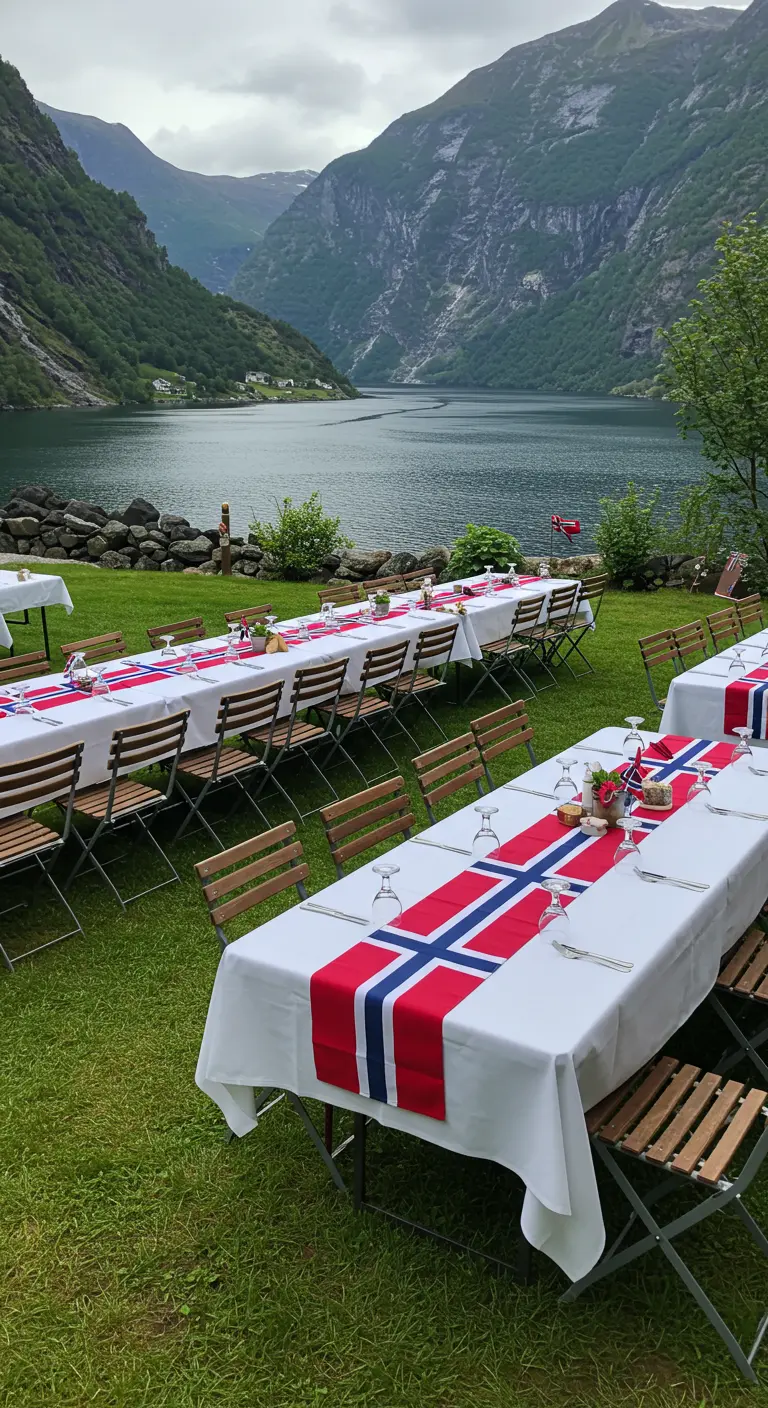 Mesas largas con caminos de la bandera noruega junto a un impresionante fiordo.