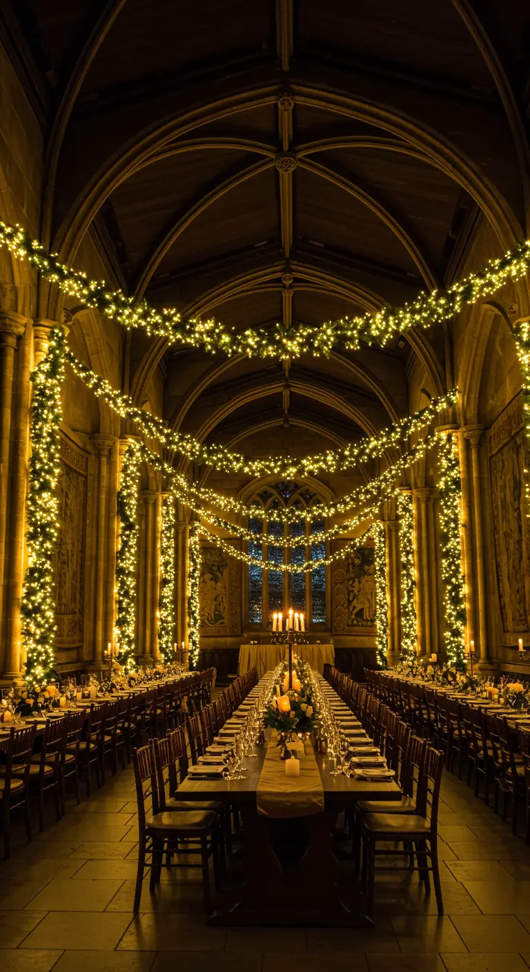 Gran salón de banquetes con arcos de piedra y guirnaldas verdes iluminadas.