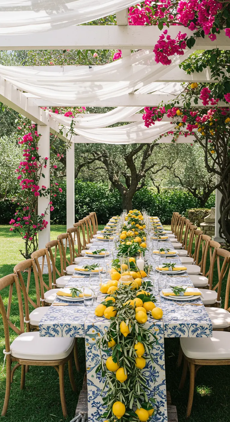 Mesa de boda al aire libre con camino de mesa de limones y azulejos.