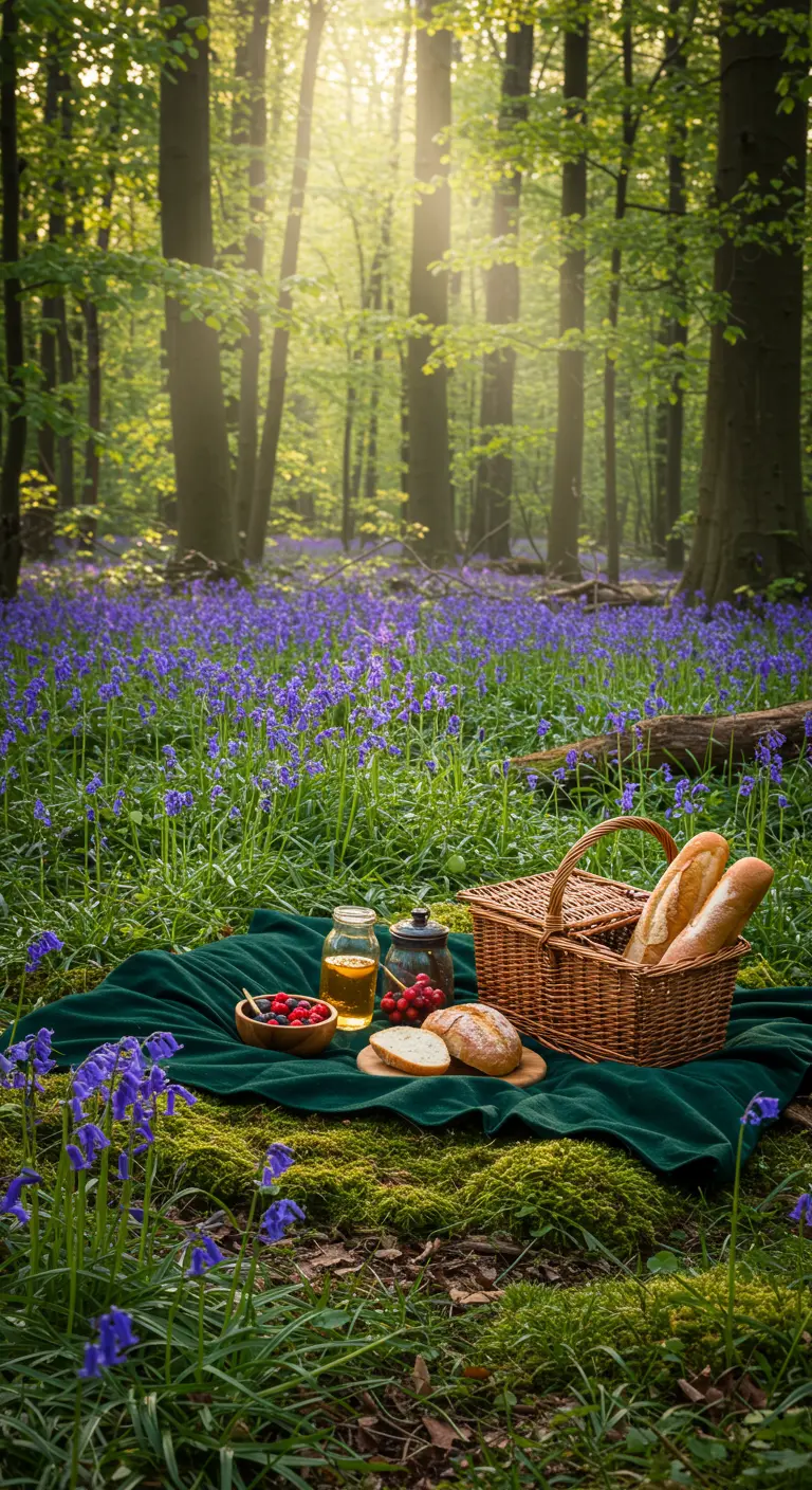 Cesta de picnic sobre una manta de terciopelo verde en un bosque de jacintos azules.