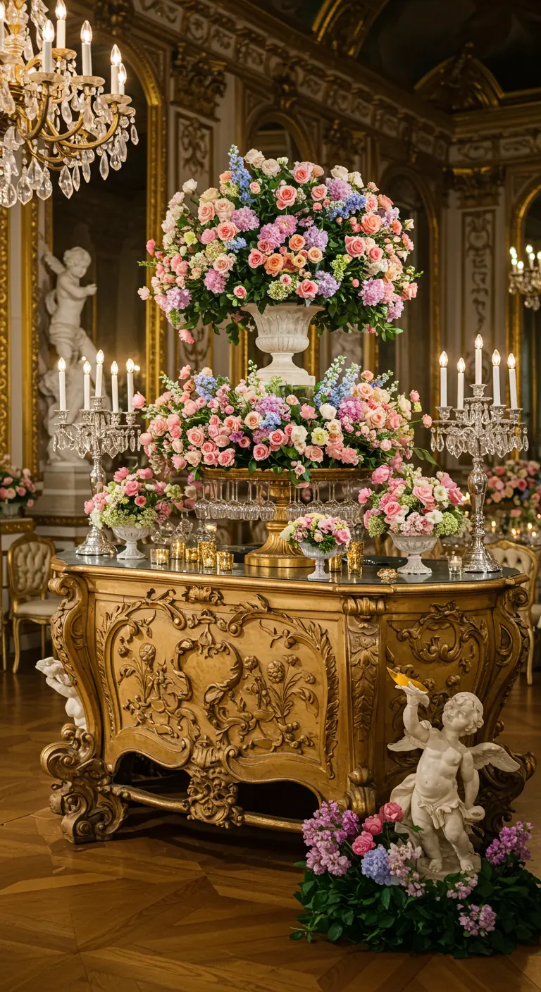 Consola dorada de estilo barroco sobrecargada de enormes arreglos florales en tonos pastel y candelabros.