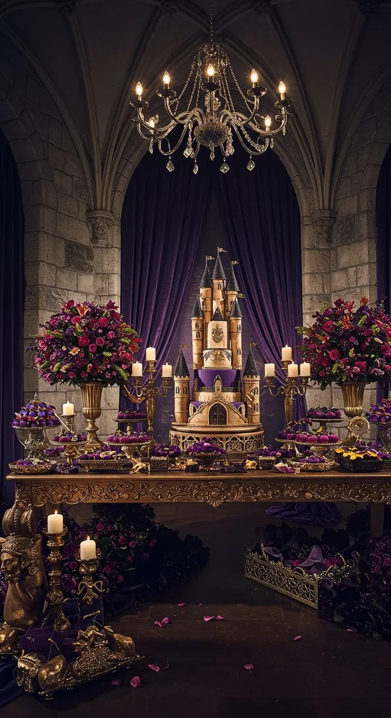 Mesa de postres opulenta con temática de castillo, tonos morados y dorados.
