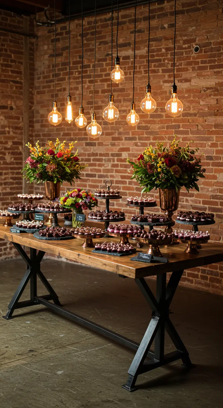 Mesa de postres industrial con pared de ladrillo y bombillas Edison colgantes.