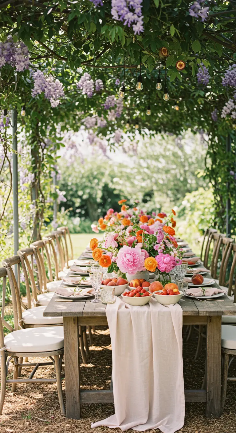 Mesa de comedor larga bajo una pérgola con flores moradas y un centro de mesa floral vibrante.