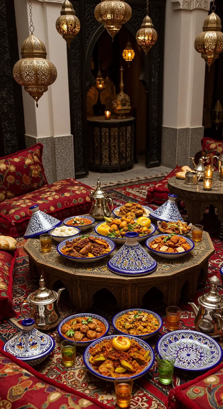 Mesa baja marroquí con tajines, cojines en el suelo y lámparas de metal colgantes.