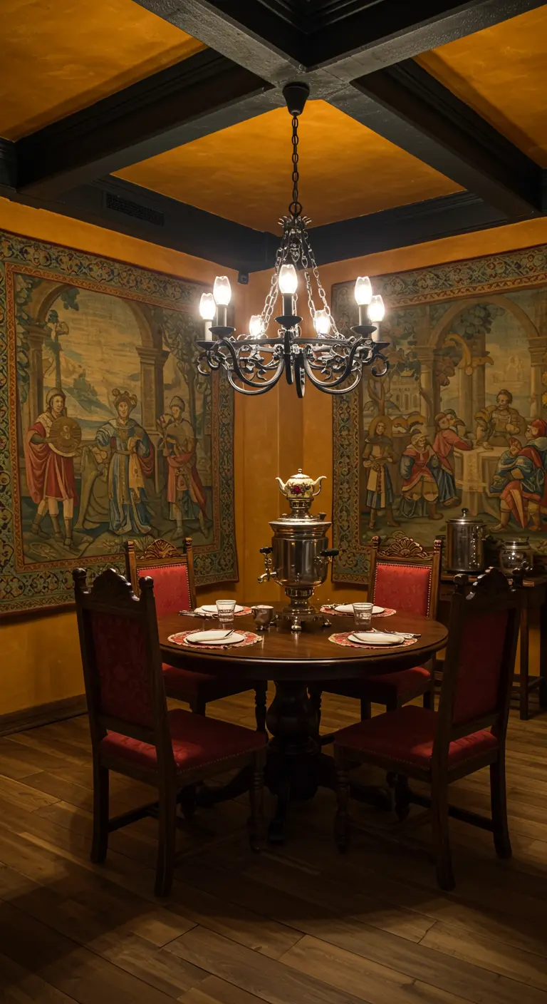 Comedor íntimo con paredes ocre, tapices medievales y una mesa redonda de madera.