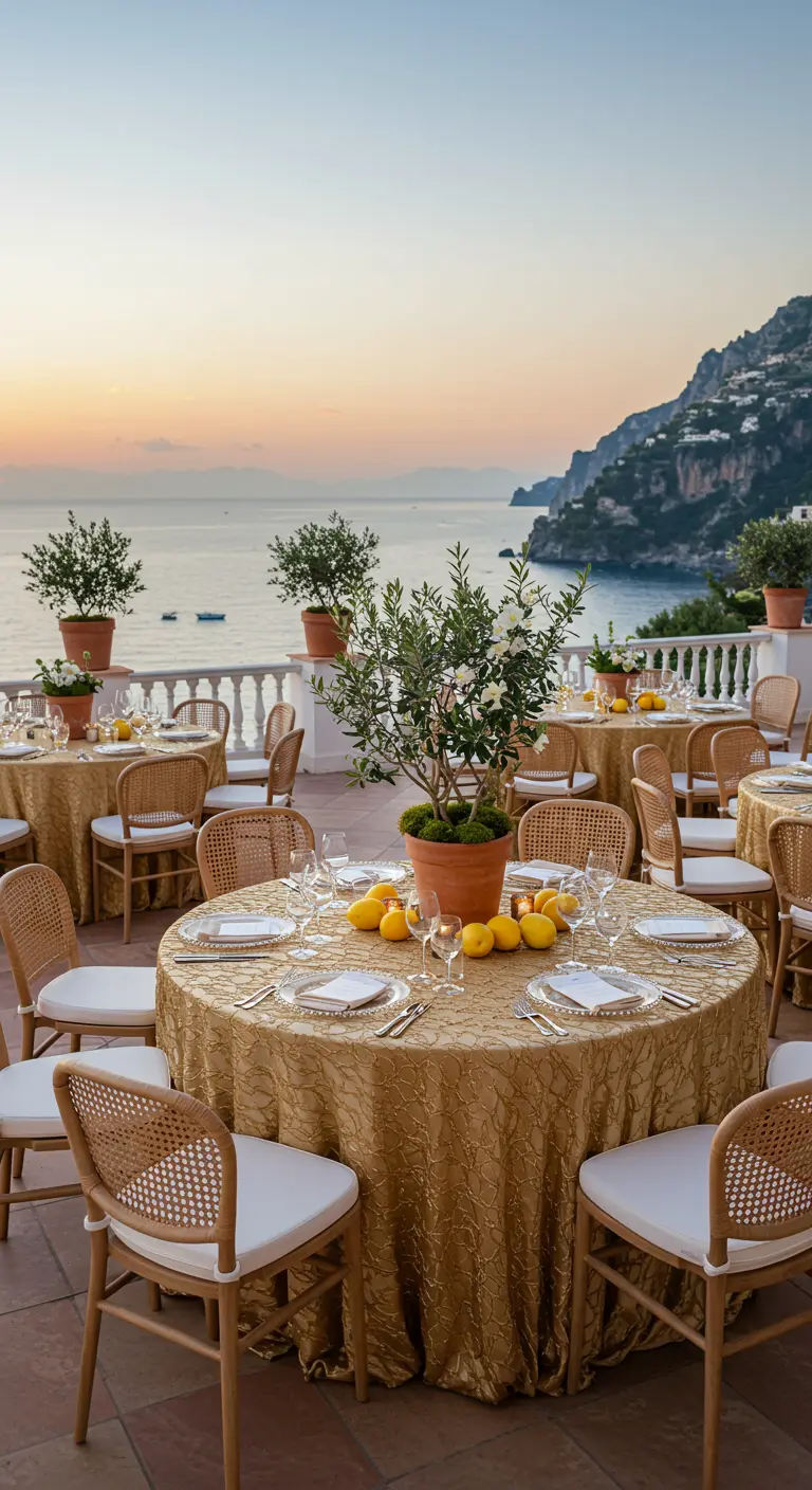Terraza con vistas al mar y mesas de boda decoradas con manteles dorados y limoneros.