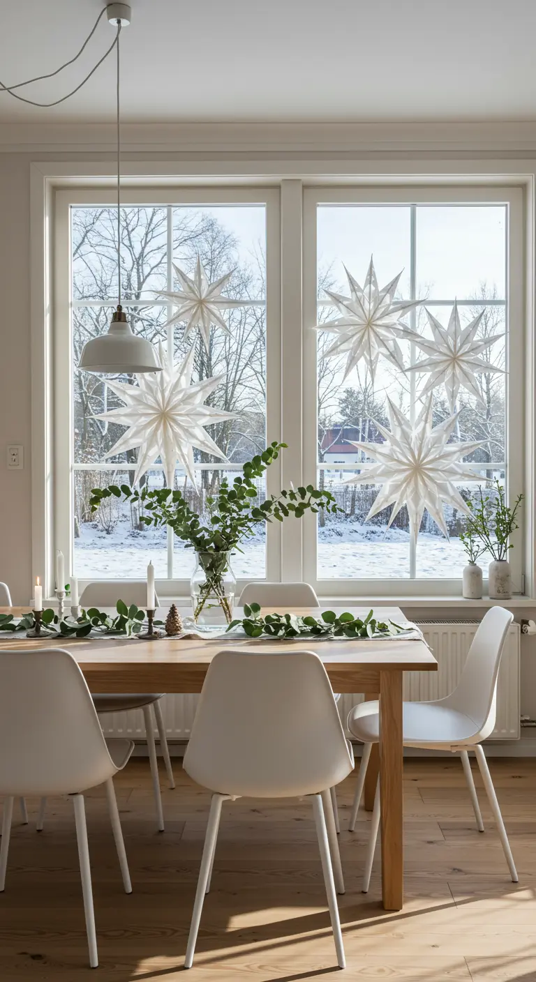 Grandes estrellas de papel blanco cuelgan en las ventanas de un comedor moderno y luminoso.