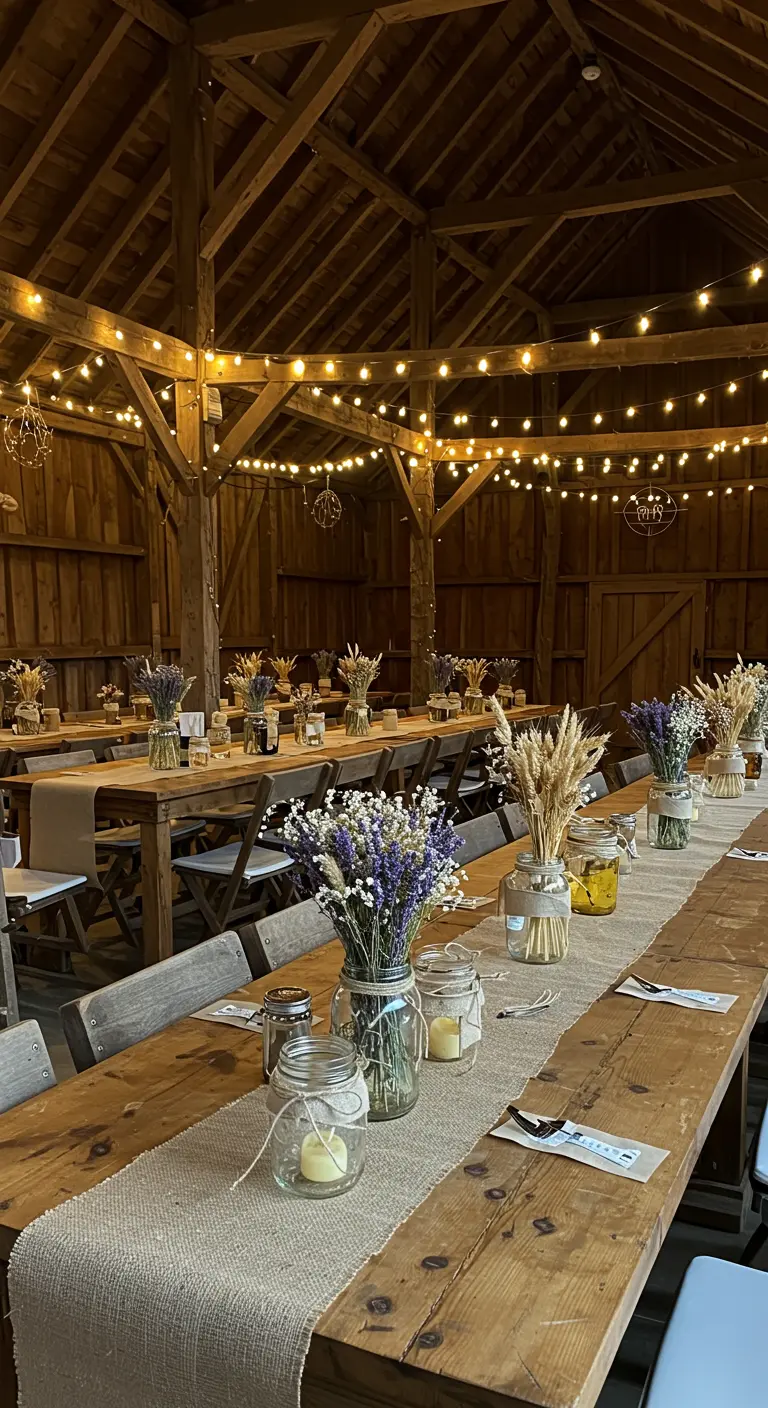 Mesas largas de madera en un granero iluminado con guirnaldas y centros de mesa de flores secas.