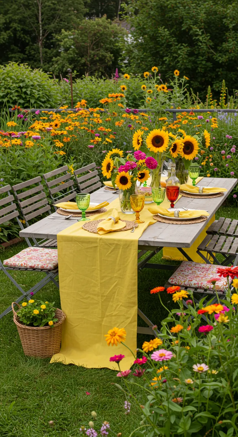 Mesa de jardín con un camino de mesa amarillo, rodeada de girasoles y otras flores silvestres.