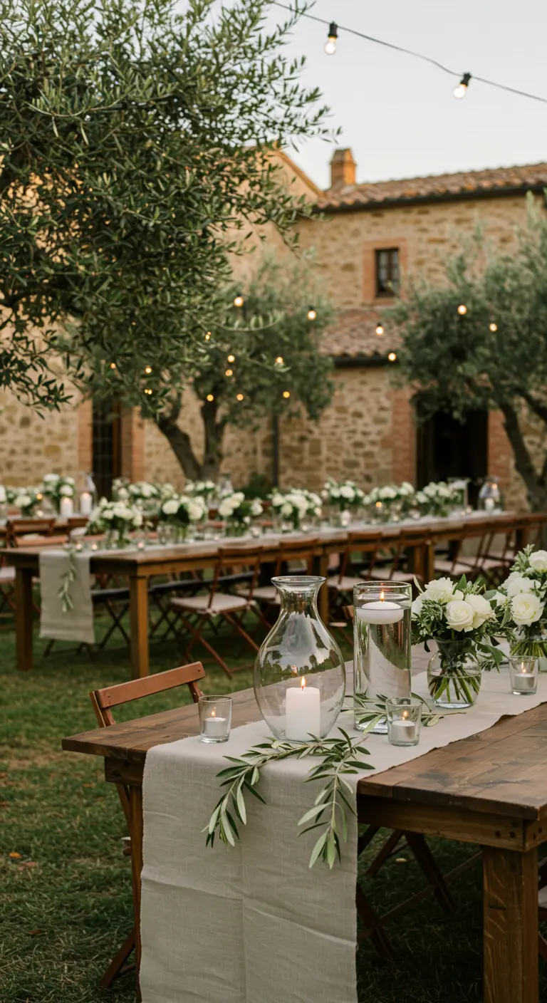 Larga mesa de madera en un olivar con un camino de lino y arreglos de rosas blancas.