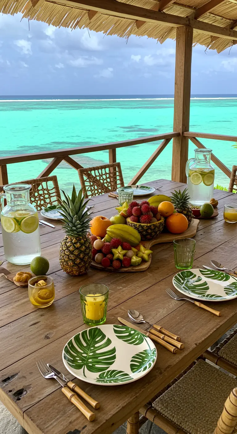 Mesa de madera con platos de hojas de monstera y frutas tropicales frente al mar turquesa.