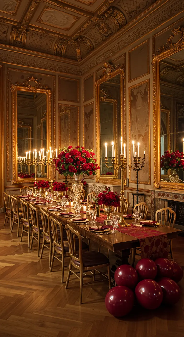 Comedor de lujo con paredes doradas, espejos ornamentados, rosas rojas y candelabros altos.