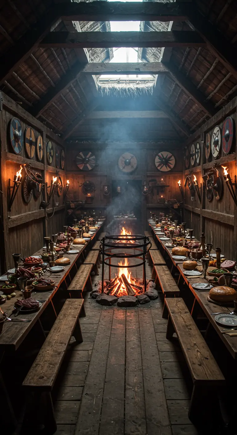 Salón vikingo con mesas largas, un fuego central y escudos de madera decorando las paredes.