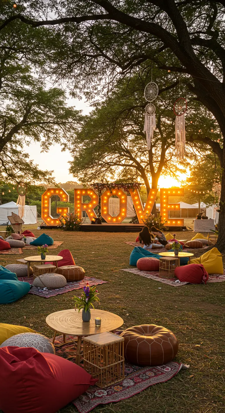 Letras 'GROVE' iluminadas en un festival al aire libre al atardecer, con cojines y alfombras en el suelo.