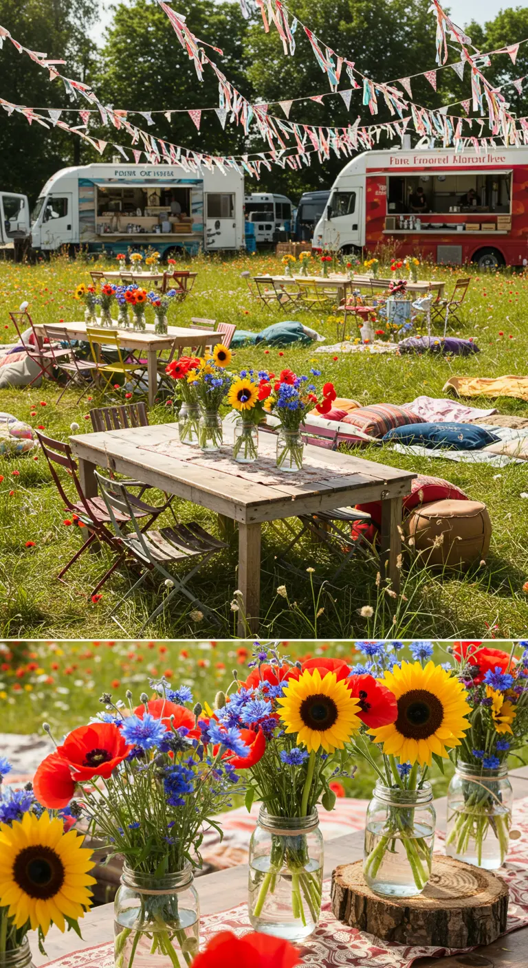 Mesa de madera en un campo de flores con girasoles y flores silvestres en frascos.