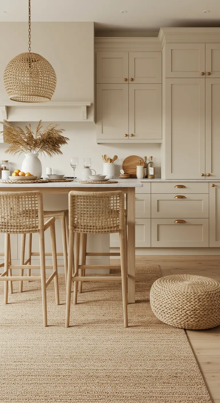 Cocina beige estilo boho con taburetes de ratán y alfombra de yute.