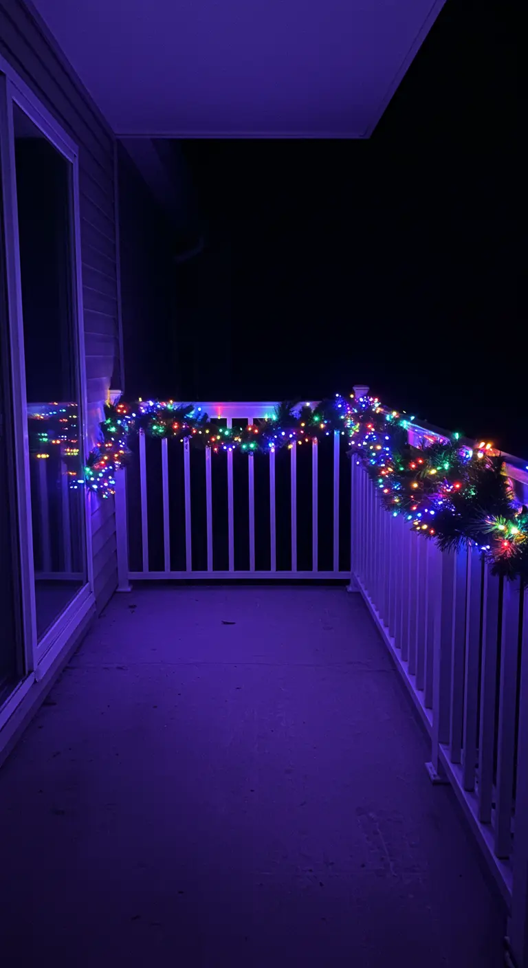 Balcón con barandilla blanca envuelta en una guirnalda de luces de Navidad de múltiples colores.