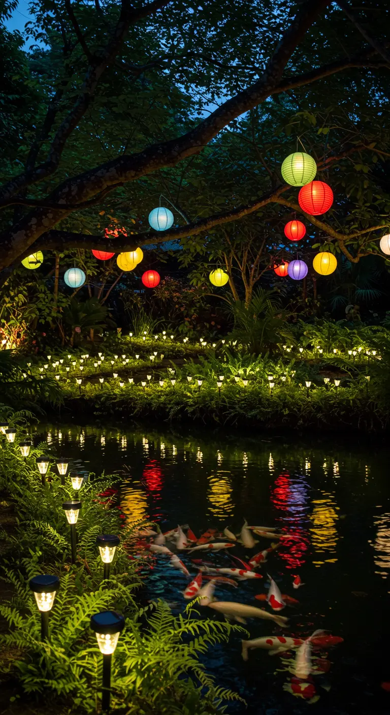 Estanque de peces koi de noche, iluminado por farolillos de colores y luces solares.