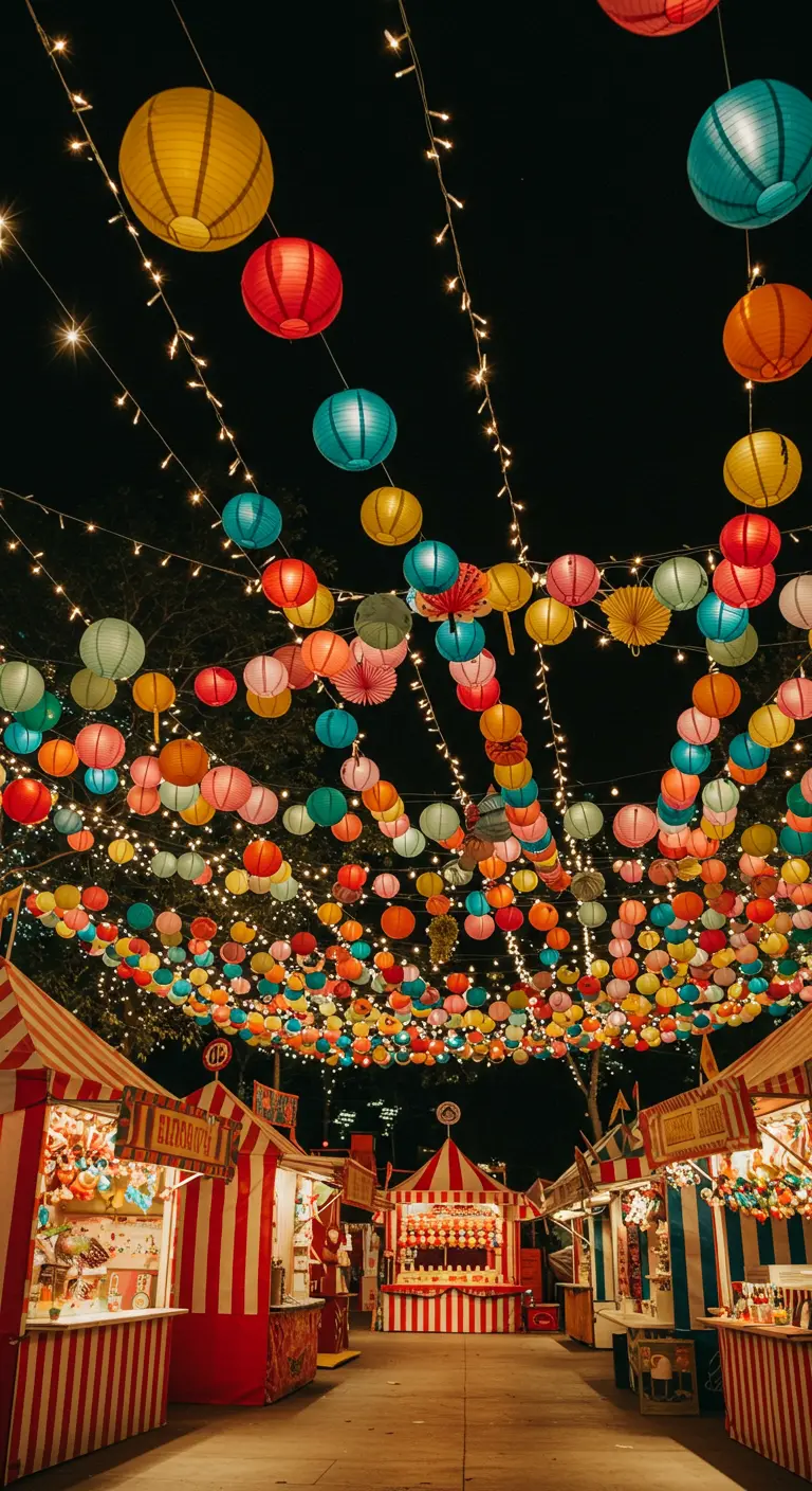 Calle de feria nocturna con un techo denso de cientos de lámparas de papel de colores.
