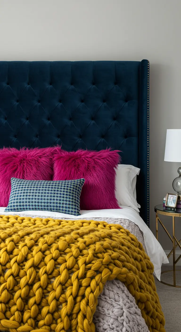 Cama con cabecero azul oscuro, cojines de pelo fucsia y una manta de punto grueso amarilla.