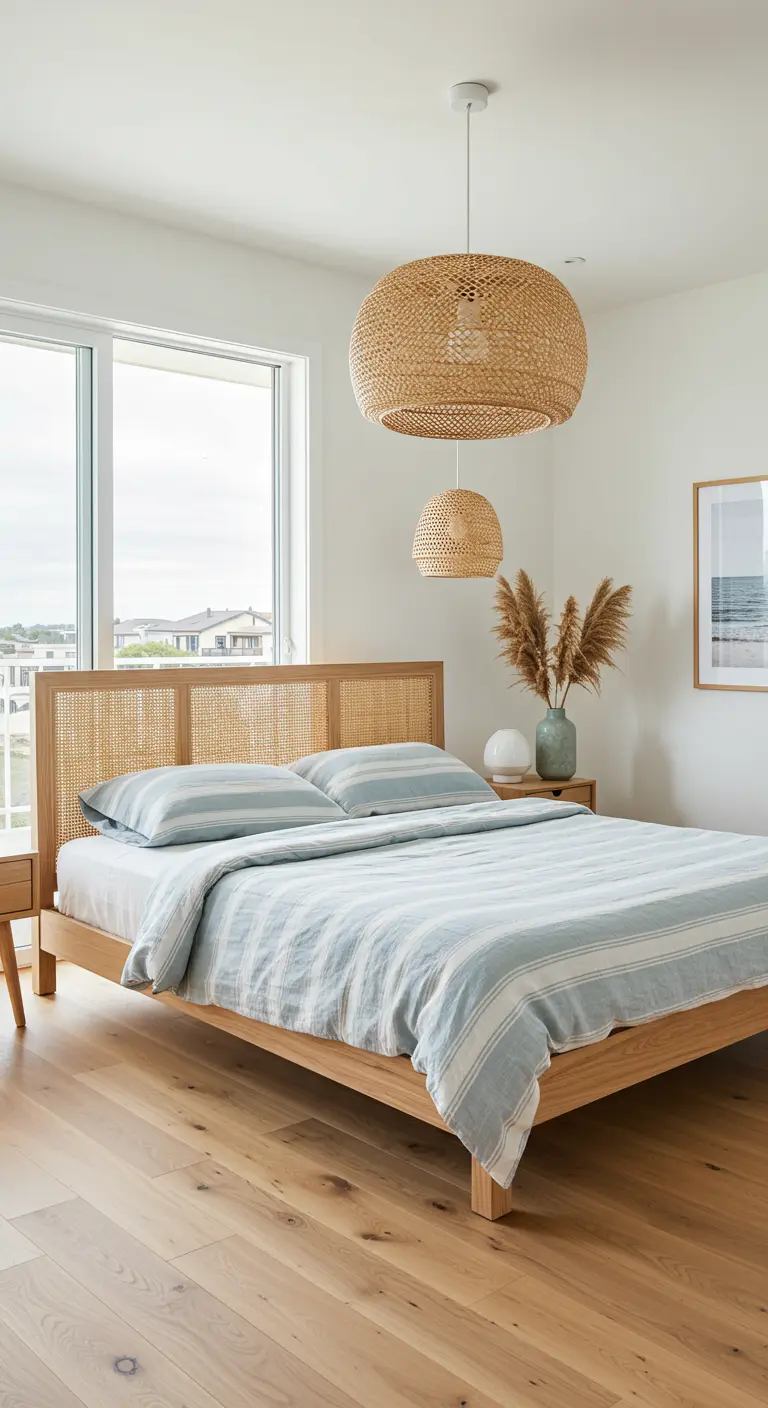 Cabecero de madera clara y rejilla de ratán en un dormitorio luminoso y aireado con ropa de cama de lino a rayas