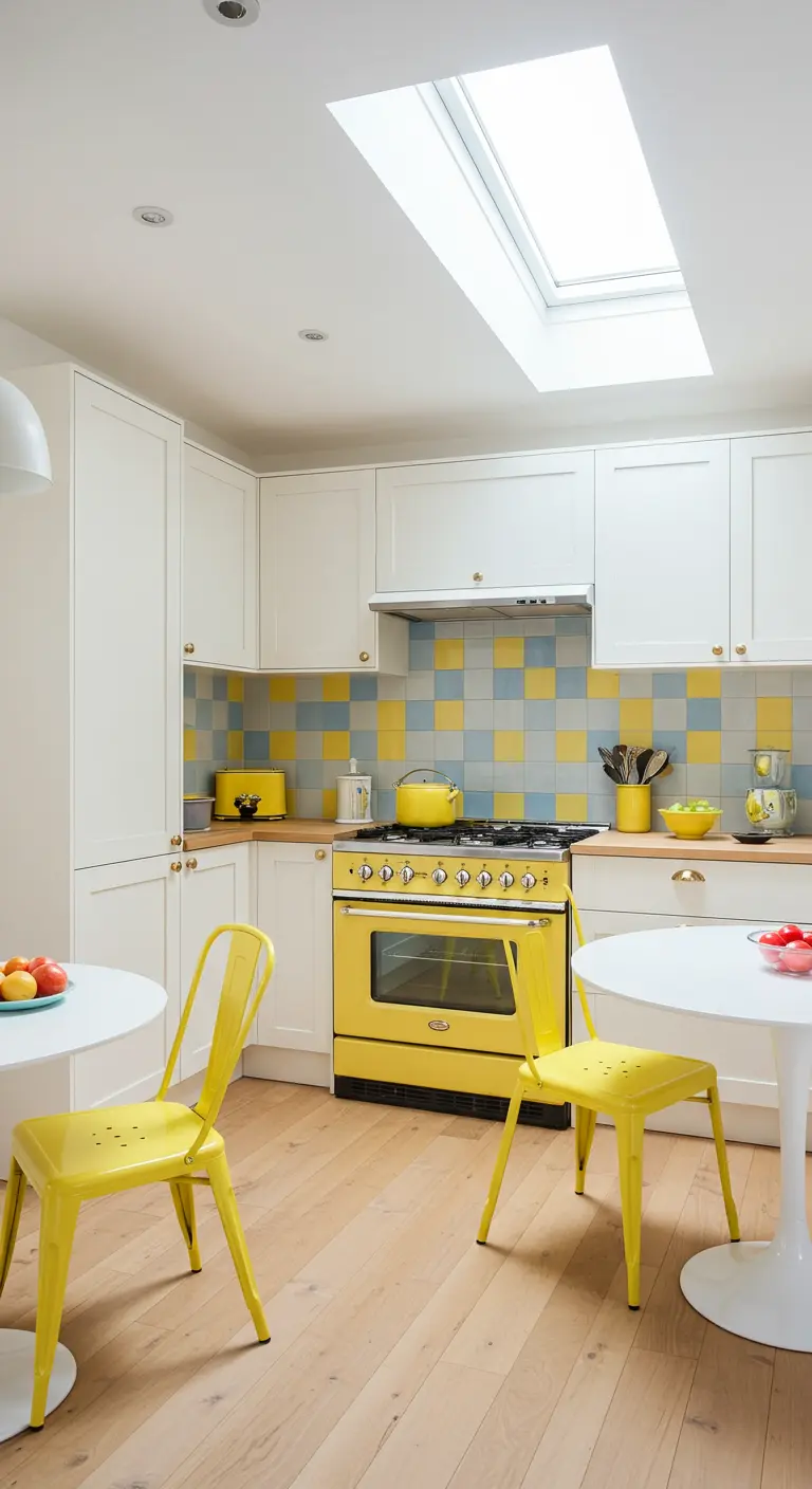 Cocina luminosa con horno y sillas amarillas, y azulejos azules y amarillos.