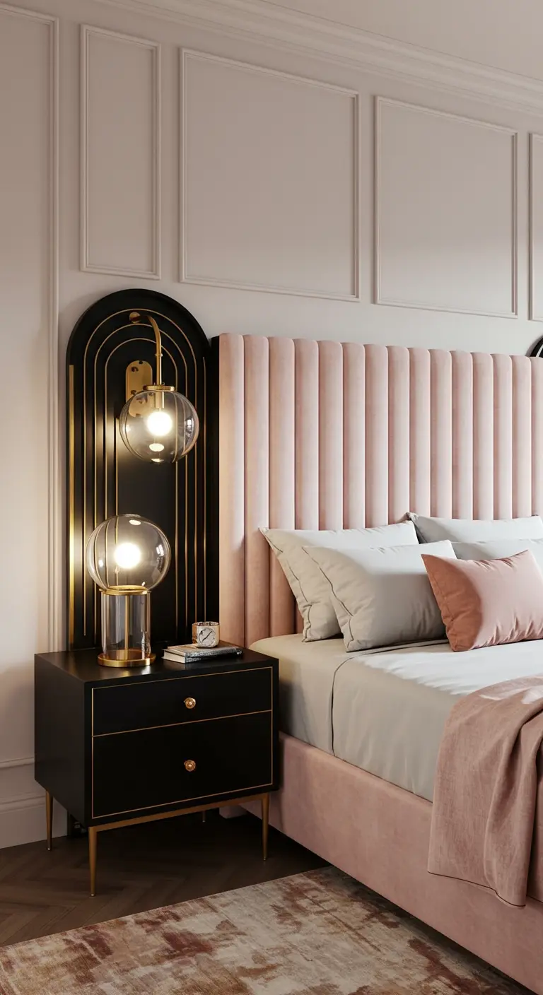 Dormitorio de los 80 con cabecero tapizado rosa, mesita de noche negra y lámparas doradas.