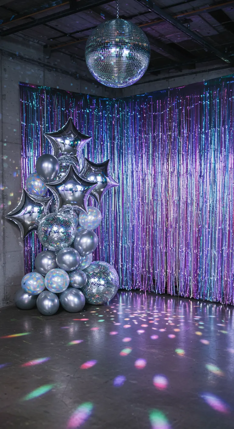Photocall con globos plateados, bolas de discoteca y cortina de flecos iridiscente.