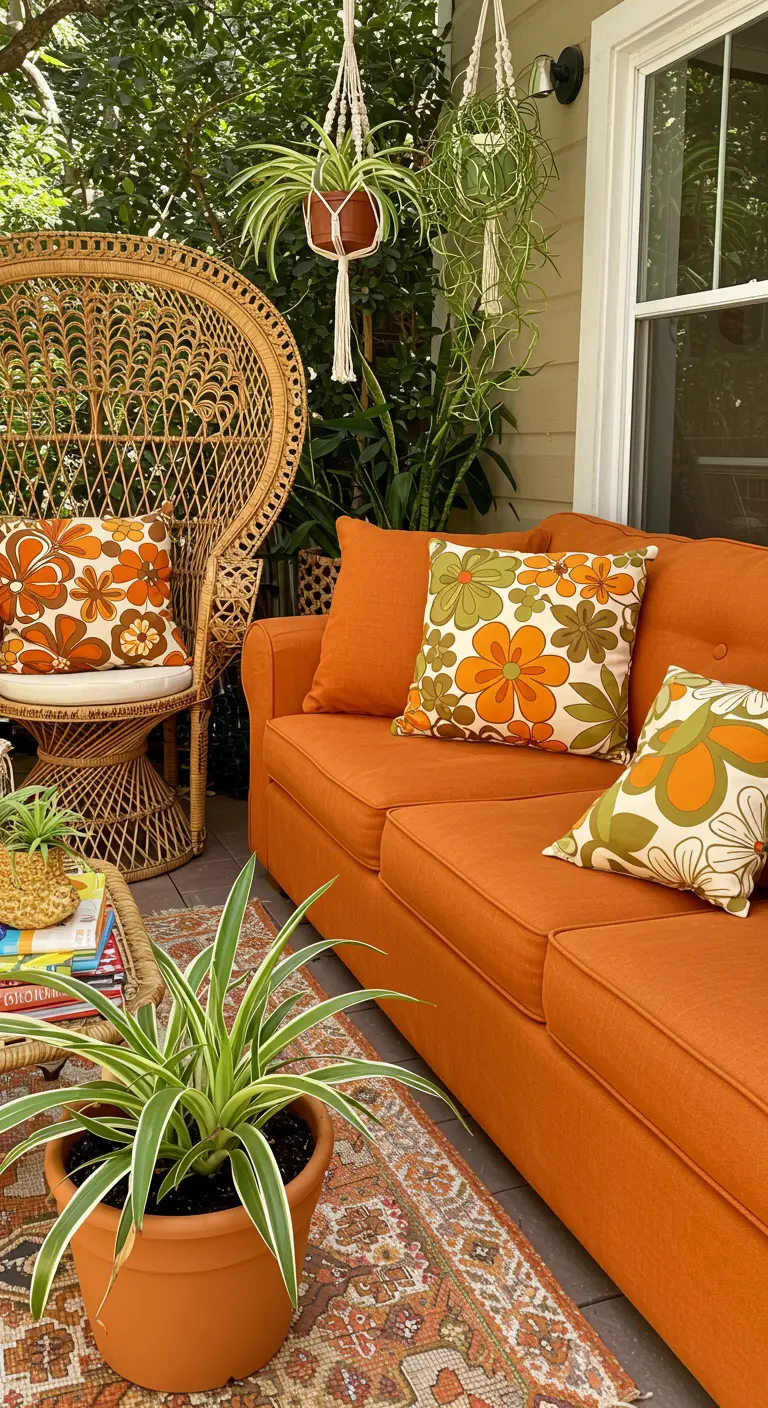 Porche de estilo años 70 con sofá naranja, sillón pavo real y cojines de flores retro.