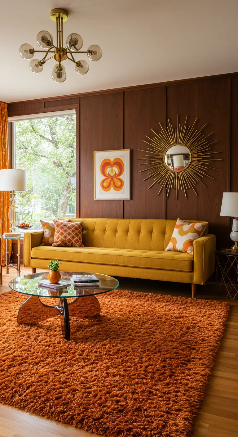 Salón de estilo retro de los 70 con sofá mostaza, paneles de madera y alfombra naranja.