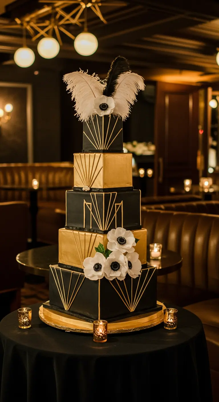 Pastel de bodas Art Déco negro y dorado con plumas y anémonas blancas.