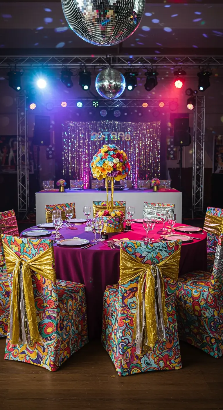 Sillas cubiertas con tela de estampado psicodélico y grandes lazos dorados en una fiesta disco.