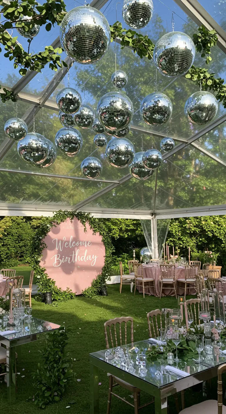 Bolas de discoteca colgando del techo de una carpa en una fiesta de cumpleaños en el jardín.