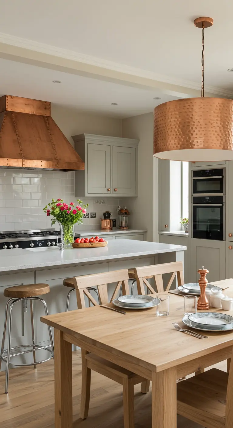 Cocina con gabinetes grises, campana de cobre y lámpara de comedor a juego.