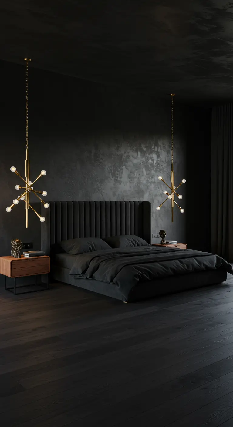 Lujoso dormitorio negro con lámparas doradas de estilo sputnik y cabecero de terciopelo.