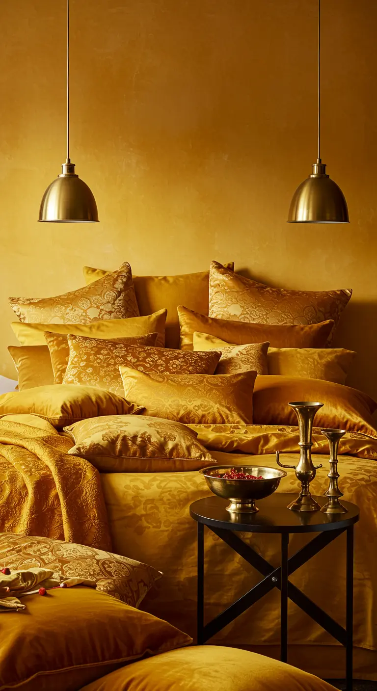 Dormitorio lujoso decorado enteramente en diferentes tonos y texturas de dorado