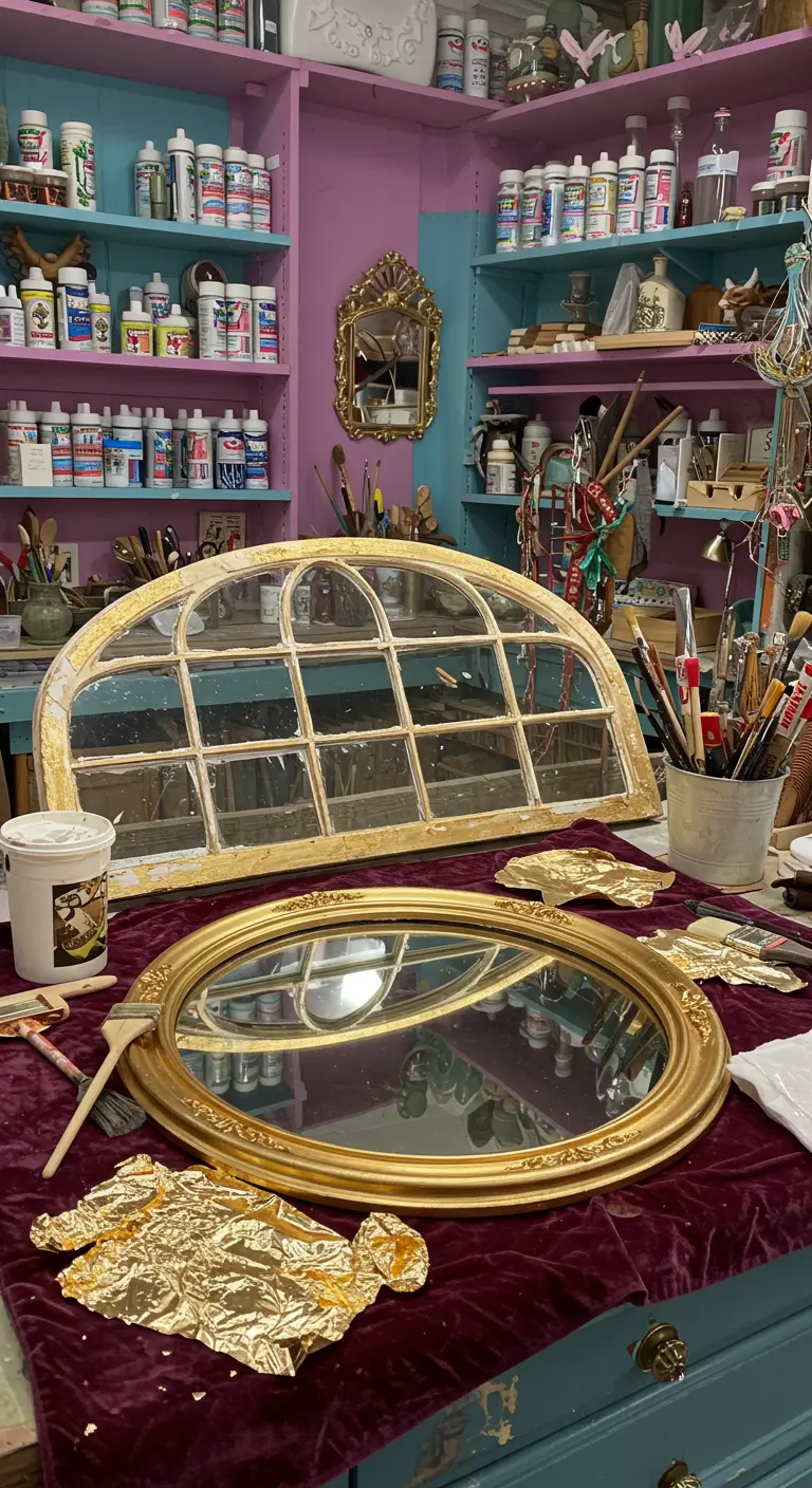 Ventana antigua con arco siendo decorada con pan de oro en un taller de manualidades